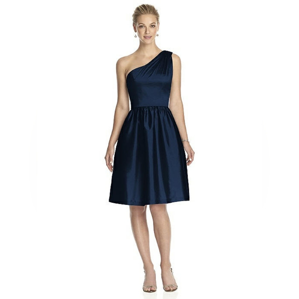 NEW Alfred Sung one shoulder peau de soie dress formal midnight blue 18